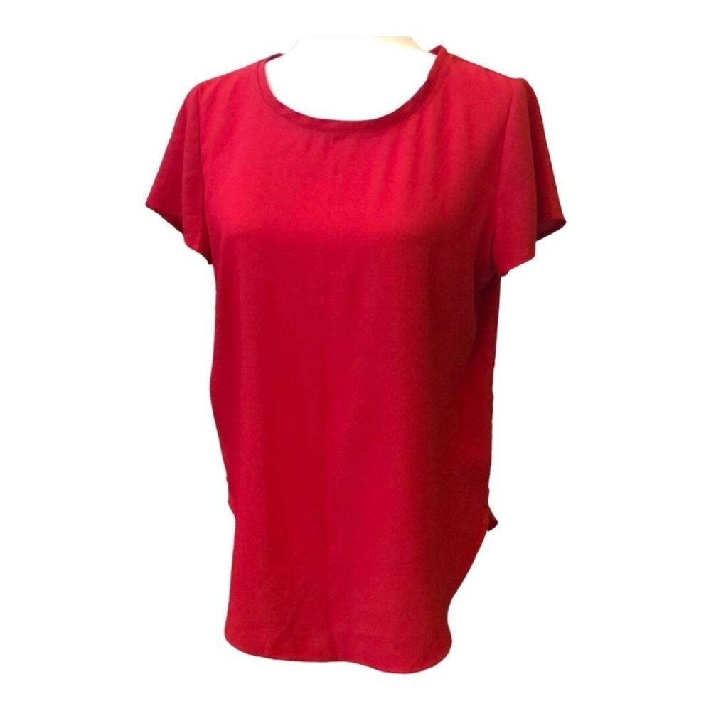 Ann Taylor Red Short Sleeve Silky Longer Blouse Top Tulip Hem Women’s Size Small